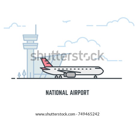 National airport line illustration. Big passenger airplane and airport building with tower on background. Sky with clouds. Linear modern, trendy vector banner.