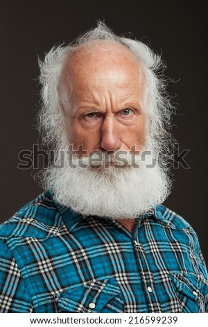 old man with a long beard with big smile on a white background