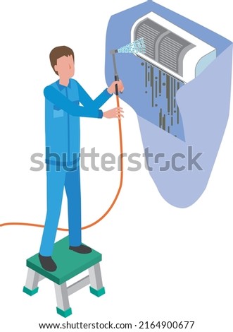 Male worker cleaning the air conditioner