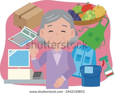 Illustration of elderly woman and work