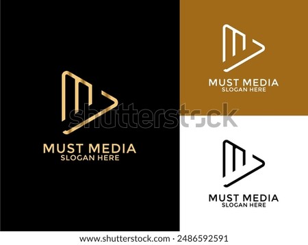 Initial letter M or MM with Media Play vector logo design, Luxury Gold line Media Logo vector template