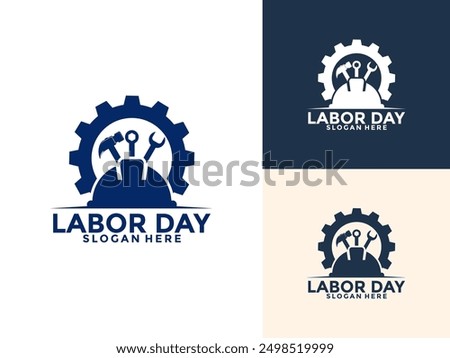 Labor Day with hammer, wrench, and safety helmet Logo vector, Construction, worker logo design template, illustration, poster, flyer, greeting card