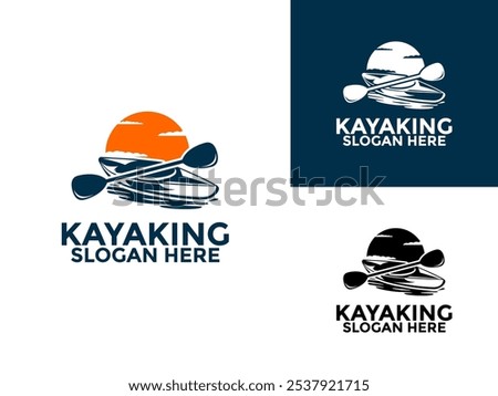 Kayaking logo design vector template, Kayak logo canoe paddle wild adventure with sun logo vector illustration vintage style