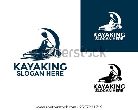 Kayaking logo design vector template, Kayak logo canoe paddle wild adventure with wave logo vector illustration vintage style