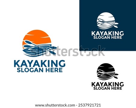 Kayaking logo design vector template, Kayak logo canoe paddle wild adventure with sun logo vector illustration vintage style