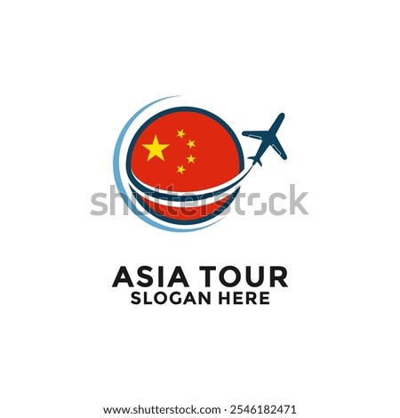 China Tour logo with National Flag and Airplane vector design. Asia Tour Travel logo design template