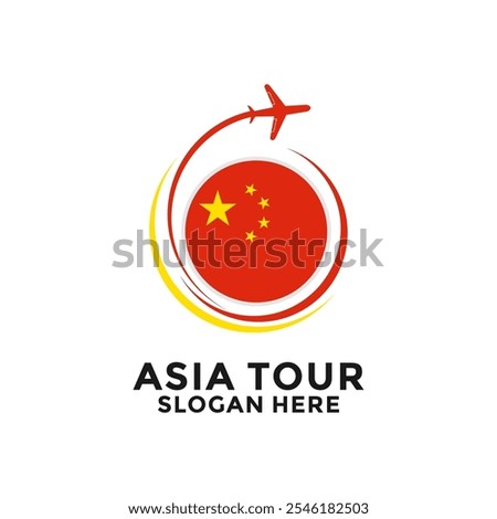 China Tour logo with National Flag and Airplane vector design. Asia Tour and Travel logo design icon template