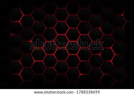 Abstract dark hexagon pattern on red neon background technology style. Modern futuristic honeycomb concept. You can use for cover template, poster, banner web, flyer, print ad. Vector illustration