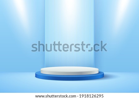 Abstract vector rendering 3d shape for advertising products display with copy space. Modern white and blue round podium with light blue empty room background. Minimal pastel studio room concept.