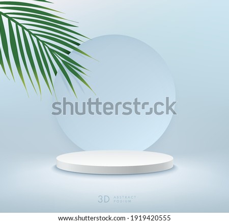 Abstract vector rendering 3d shape for products display presentation. Modern white cylinder pedestal podium with light blue empty room and green coconut leaf background. Minimal scene studio room.