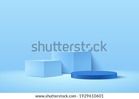 Modern blue cube and cylinder podium with light blue empty room background. Abstract vector rendering 3d shape for advertising product display. Pastel minimal scene studio room concept.