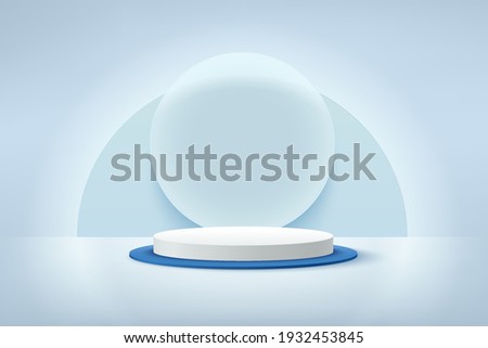 Modern white and blue cylinder podium with neon shining and transparent glass rings background. Abstract vector rendering 3d shape for advertising products display. Pastel minimal scene studio room. 商業照片 © 