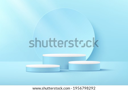 Luxury white and blue color cylinder pedestal podium. Light blue minimal wall scene. Circle backdrop and window lighting. Abstract modern vector rendering 3d shape for products display presentation.