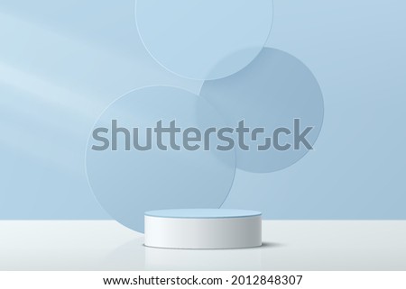 3D abstract studio room with pedestal podium. White and pastel blue geometric platform with circle overlap backdrop. Modern minimal scene for demonstration of cosmetic products. Showcase, Display case