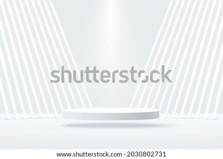 Vector 3D abstract studio room with pedestal podium. White geometric platform floating on air with perspective neon tube. Futuristic scene for cosmetic products display. Showcase, Promotion display.