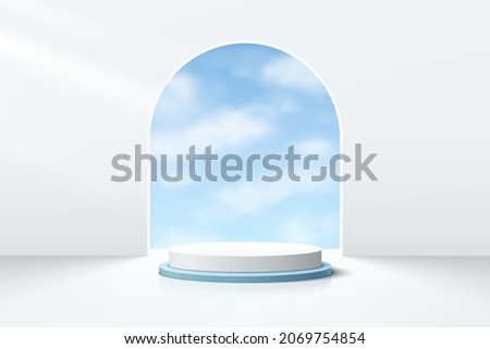 White and blue realistic cylinder pedestal podium with cloud blue sky in the arch door. Vector abstract studio room with 3D geometric platform. Minimal scene for products showcase, Promotion display. 商業照片 © 