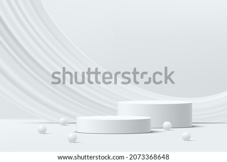 Abstract 3D white realistic 3D cylinder pedestal podium set, Liquid curve shape backdrop with white beads. Luxury minimal scene for product display presentation. Vector rendering geometric platform.