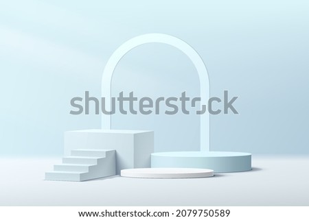 Realistic 3D white and blue geometric pedestal podium set with stair and lighting. Pastel blue minimal scene for products showcase, Promotion display. Vector abstract studio room platform design. 