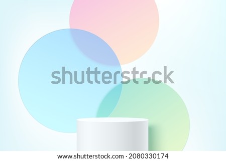 Realistic 3D white cylinder stand podium with colorful circle glass overlap backdrop. Vector abstract studio room with geometric platform. Pastel minimal scene for products showcase, Promotion display 商業照片 © 