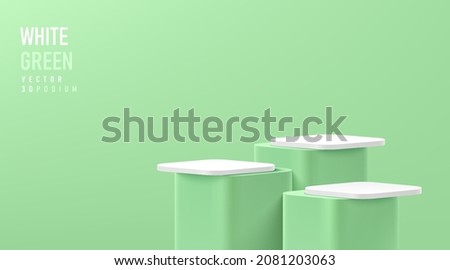 Realistic 3D white and green round corner cube pedestal or stand podium. Vector abstract studio room geometric platform design. Minimal wall scene for cosmetic Products showcase, Promotion display.