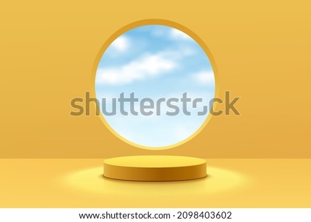 Realistic yellow 3D cylinder pedestal podium with clouds blue sky in circle window. Minimal scene for products showcase, Promotion display. Vector abstract studio room platform design. Stage showcase.