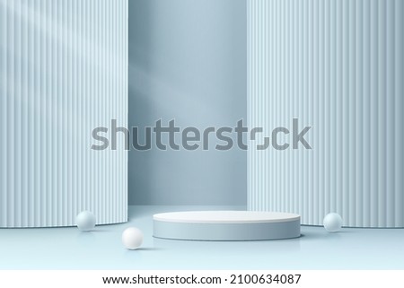 Realistic blue 3D cylinder pedestal podium with vertical pillar layers background. Minimal scene for products showcase, Promotion display. Vector abstract studio room platform design. Stage showcase. Foto stock © 