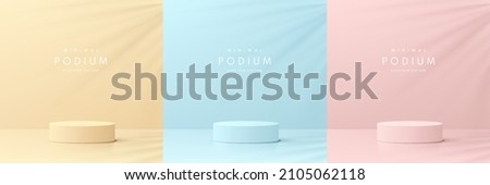 Set of pink, yellow and blue realistic 3d cylinder pedestal podium with leaf shadow overlay. Vector abstract room geometric platform. Minimal wall scene for products showcase, Promotion display.