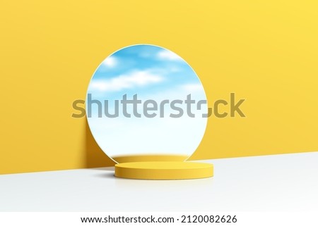 Realistic yellow and white 3D cylinder pedestal podium with cloud blue sky in mirror glass.  Minimal scene for products showcase, Stage promotion display. Vector abstract studio room platform design.