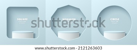 Set of white realistic 3d cylinder pedestal podium in square, nonagon and circle window on the blue wall. Abstract studio room. Pastel minimal scene for products stage showcase, Promotion display.