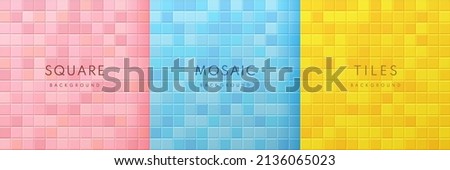 Set of pink, blue and yellow 3d square tile mosaic pattern design. Geometric background with space for your text collection design. Pastel Minimal wall scene studio room design. Vector illustration