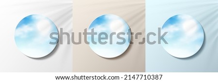 Set of 3d blue, beige and white color with blue sky in circle frame. Background minimal style. Collection of trendy color geometric background with copy space. Top view scene of podium. Vector EPS10