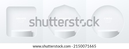 Set of white realistic 3d cylinder pedestal podium in square, nonagon and circle window on clean wall. Abstract studio room. Minimal scene for products stage for showcase, Promotion mockup display.
