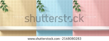 Set of realistic 3d white shelf or podium on pink, yellow and blue square tile wall with green leaf. Vector geometric forms. Abstract minimal scene for products stage showcase, Promotion display.