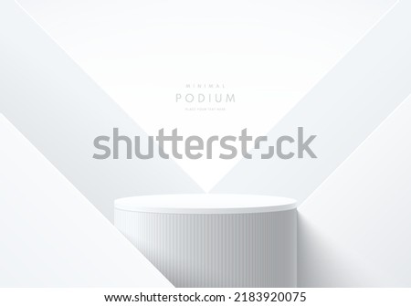 Realistic white, gray 3D cylinder stand podium with triangle overlap background. Vector luxury geometric forms. Abstract minimal scene for mockup products, Round stage for showcase, promotion display.