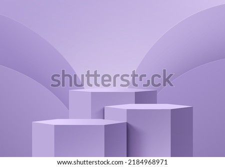 Realistic purple 3D hexagon stand or podium set with round curve shape layers background. Pastel minimal scene for products stage showcase, Promotion display. Vector abstract studio room platform.