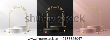 Set of 3D background with podium. Black, golden, silver and pink gold with luxury geometric forms set scene. Abstract minimal wall scene for mockup products display. Vector round stage for Showcase.