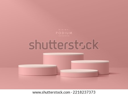 Realistic 3D pastel pink steps cylinder pedestal podium set with clean wall background. Abstract minimal scene mockup products display. Round stage showcase. Vector geometric forms. Valentine concept.