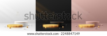 Set of 3D cylinder podium background with beads. Black, golden, silver and pink gold abstract luxury minimal wall scene for mockup products display. Round stage for showcase. Vector geometric forms.