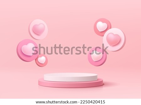 Realistic white, pink cylinder pedestal podium valentine 3D background, icons emoji love decorate. Minimal wall scene mockup product stage showcase, Promotion display. Abstract vector geometric forms.