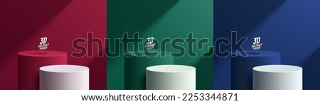 Set of stand product podium 3D background in Red, Green, Blue and white color with shadow overlay. Minimal wall scene mockup product stage showcase, Promotion display. Abstract vector geometric forms.