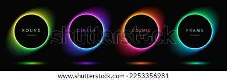 Blue, red-purple, green illuminate neon light round frame design. Abstract cosmic vibrant colorful circle border. Top view futuristic style. Set of glowing neon lighting isolated on black background.