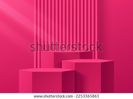 Pink magenta hexagon stand product podium 3D background with vertical serrated pattern on wall. Minimal wall scene mockup product stage for showcase, Promotion display. Abstract vector geometric forms