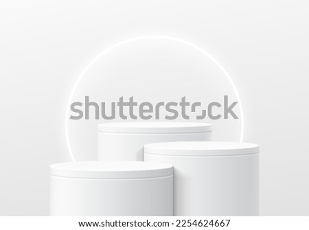 White and gray round stand product podium set 3D background with glowing neon ring scene. Minimal wall scene mockup product stage showcase, Banner promotion display. Abstract vector geometric forms