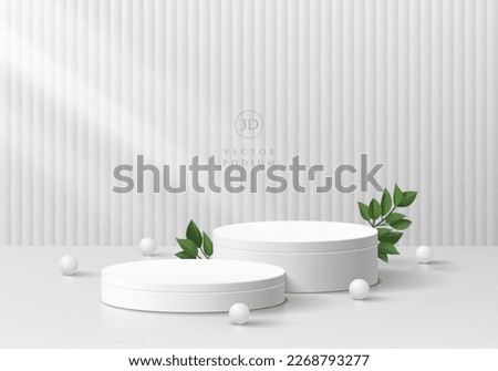 3D realistic white cylinder product pedestal podium background with green leaf. Minimal vertical pattern wall scene mockup product stage showcase, Promotion display. Abstract vector geometric forms.