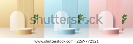 Set of pink, yellow, blue and white 3D background with products podium, arch shape and green leaf. Minimal wall scene mockup product stage showcase, promotion display. Abstract vector geometric forms.