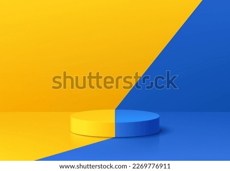 3D realistic yellow, orange and blue cylinder product pedestal podium background. Contrast color scene. Minimal wall mockup product stage showcase, Promotion display. Abstract vector geometric forms.