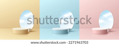 Set of 3D pink, yellow, blue and white cylinder podium background, blue sky in round mirror glass. Minimal wall scene mockup product stage showcase, promotion display. Abstract vector geometric forms.