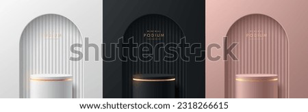 Set of silver, black, pink gold cylinder stand podium 3D background with arch gate. Luxury minimal wall scene mockup product stage showcase, Banner promotion display. Abstract vector geometric forms.