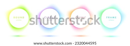 Set of abstract glowing neon lighting isolated on white background. Blue, red-purple, green illuminate light round frame collection. Cosmic vibrant color circle border. Top view futuristic elements.