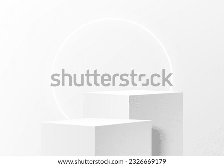 3D white and gray cube pedestal podium background set with glowing neon ring wall scene. Minimal mockup product, Vector stage showcase, Cosmetic banner promotion display. Abstract geometric platforms.